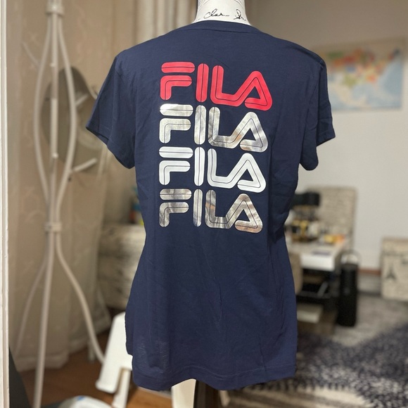 NWT Women’s Large Fila V-Neck Short Sleeve Tee In Navy With Metallic Logo Print - Picture 3 of 8